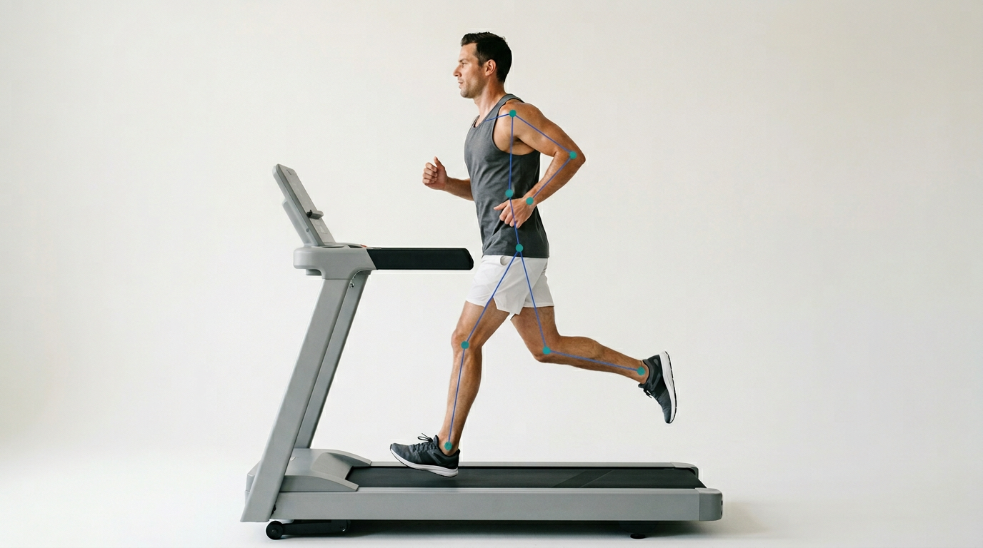 Athlete mid-stride with biomechanical pose overlay